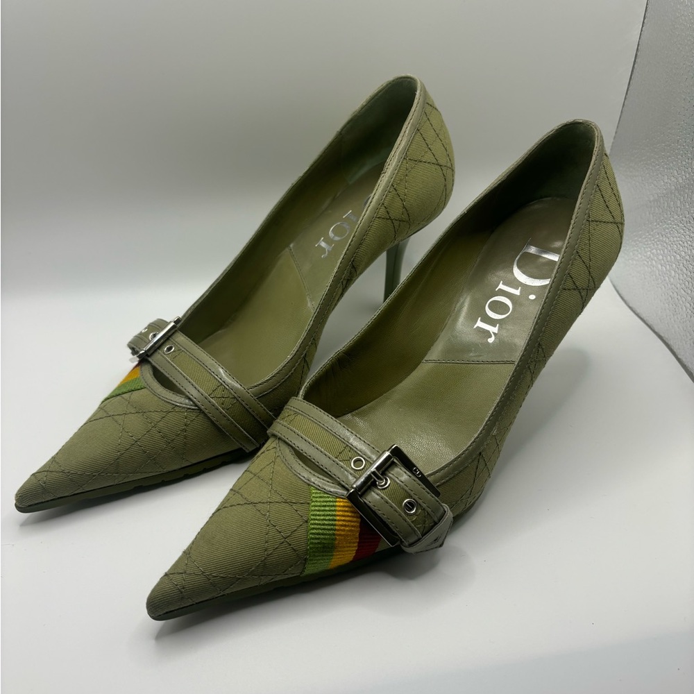 2004 Christian Dior John Galliano Green Rasta Cannage Court Shoes Pointed Heels - Picture 2 of 2
